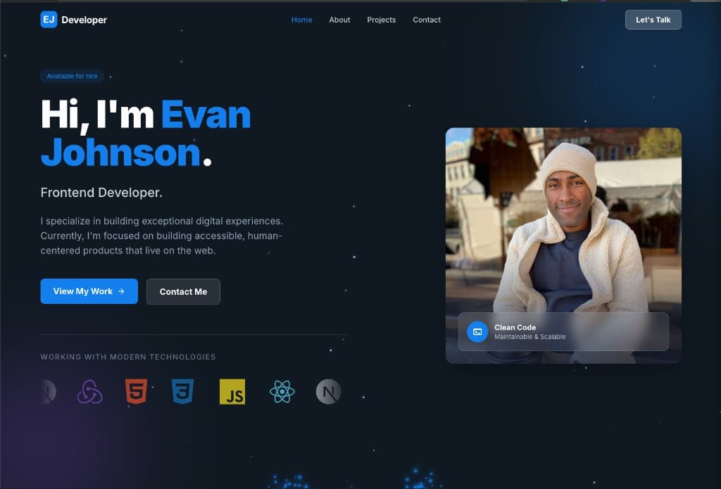 Screenshot of a dark-themed developer portfolio site: navigation, hero with Evan Johnson as frontend developer, primary and secondary buttons, and tech stack badges including React and Next.js.